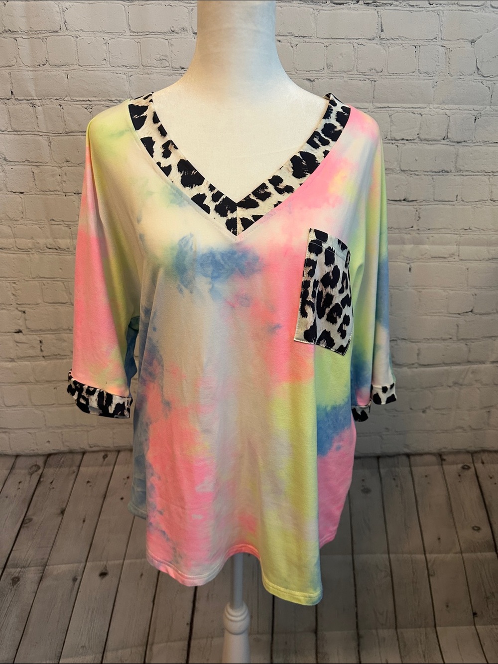 V-Neck Tie-Dye Top with Leopard Trim - Pastel Multi